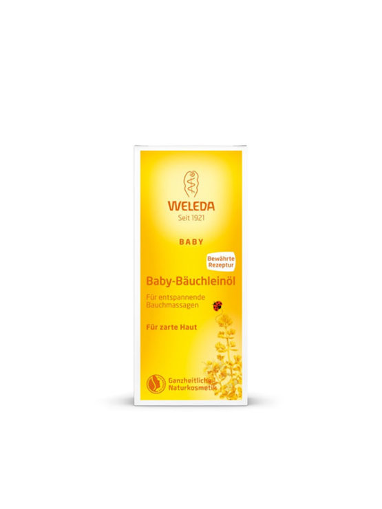 Weleda baby olje za masažo trebuha dojenčkov v rumeni kartonski embalaži 50ml