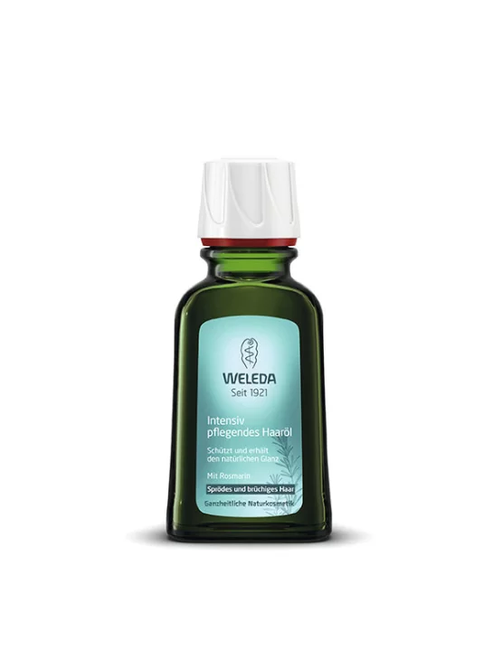 Weleda olje za suhe in lomljive lase z rožmarinom v temni zeleni stekleni embalaži 50ml
