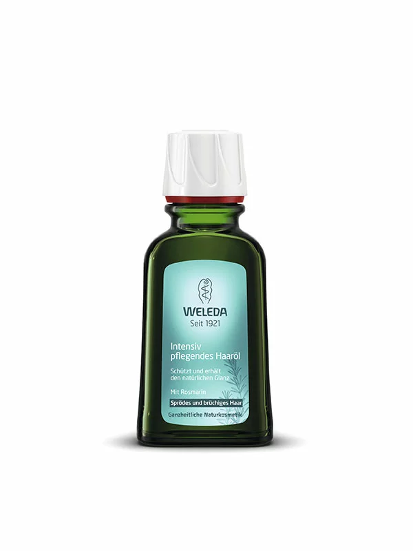 Weleda olje za suhe in lomljive lase z rožmarinom v temni zeleni stekleni embalaži 50ml