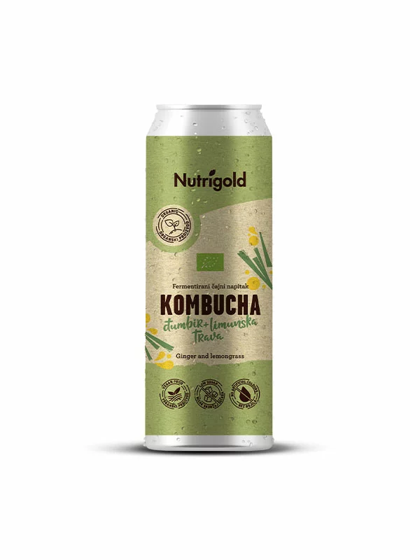 Nutrigold ekološki napitek kombucha ingver in limonska trava v zeleni pločevinki 330ml