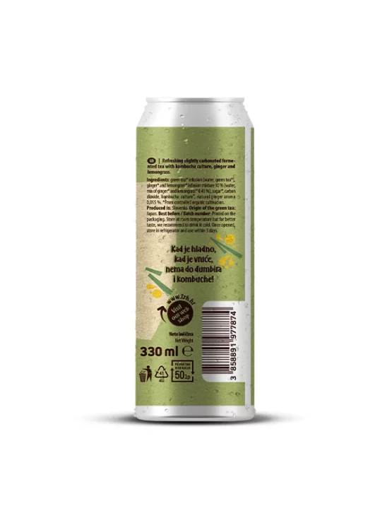 Nutrigold ekološki napitek kombucha ingver in limonska trava v zeleni pločevinki 330ml