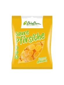 Biobon ekološki veganski gumijasti kisli bonboni iz breskve v embalaži 100g