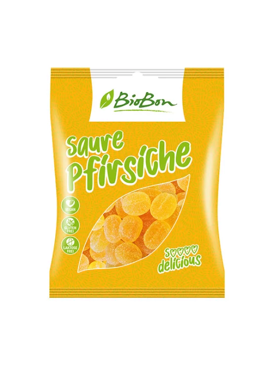 Biobon ekološki veganski gumijasti kisli bonboni iz breskve v embalaži 100g