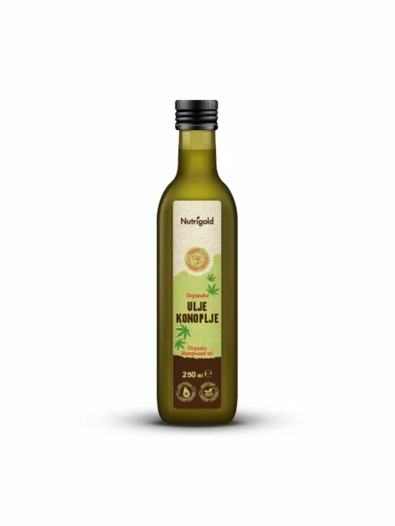 Nutrigold ekološko hladno stisnjeno konopljino olje v steklenici, 250ml.