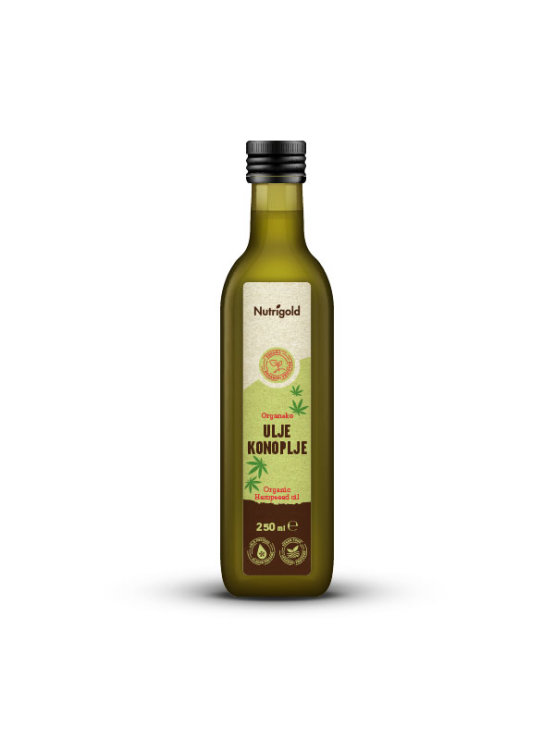 Nutrigold ekološko hladno stisnjeno konopljino olje v steklenici, 250ml.