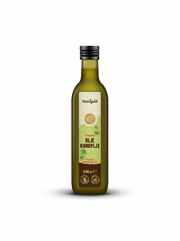Nutrigold ekološko hladno stisnjeno konopljino olje v steklenici, 250ml.