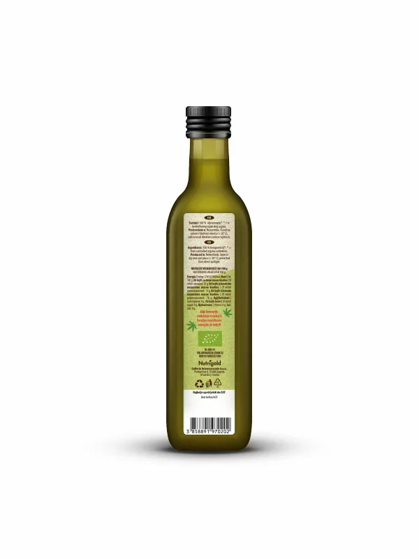 Nutrigold ekološko hladno stisnjeno konopljino olje v steklenici, 250ml.