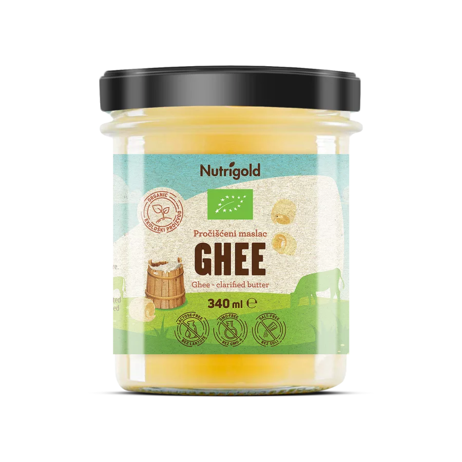 Nutrigold ghee ekološko prečiščeno maslo v stekleni embalaži 340ml