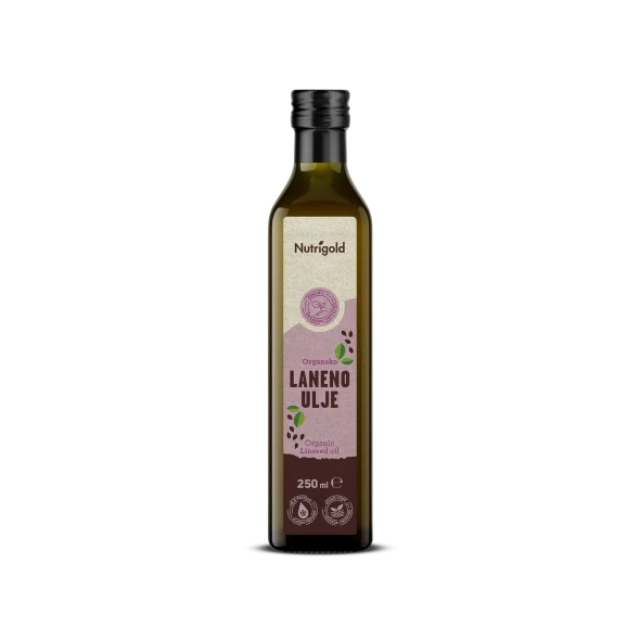Nutrigold ekološko hladno stiskano laneno olje v 250 ml stekleni embalaži.