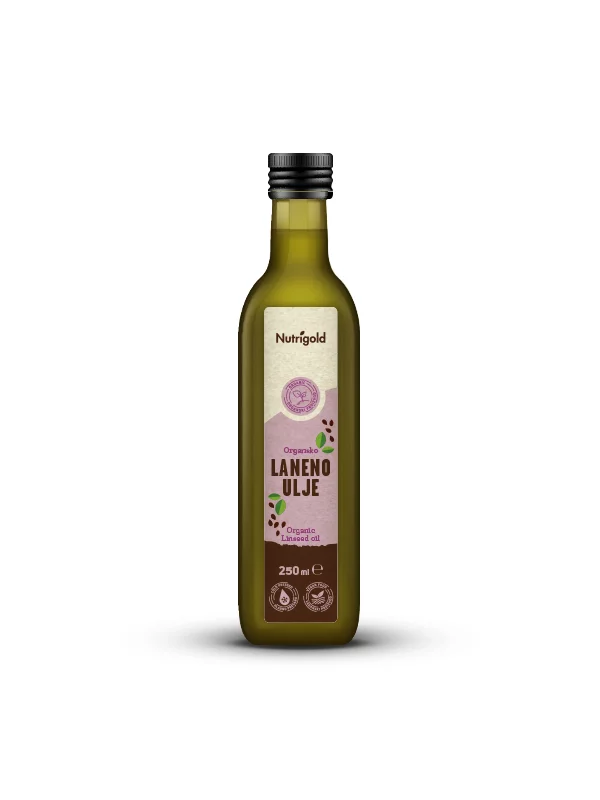 Nutrigold ekološko laneno olje v 250ml stekleni embalaži.