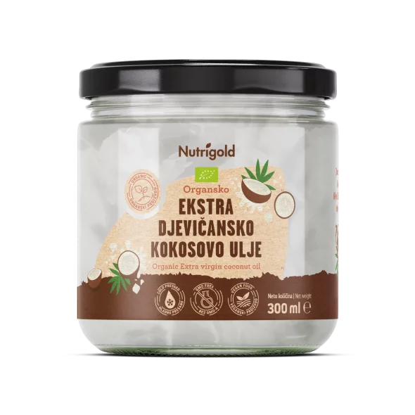 Nutrigold ekološko ekstra deviško kokosovo olje v 300 ml kozaracu.
