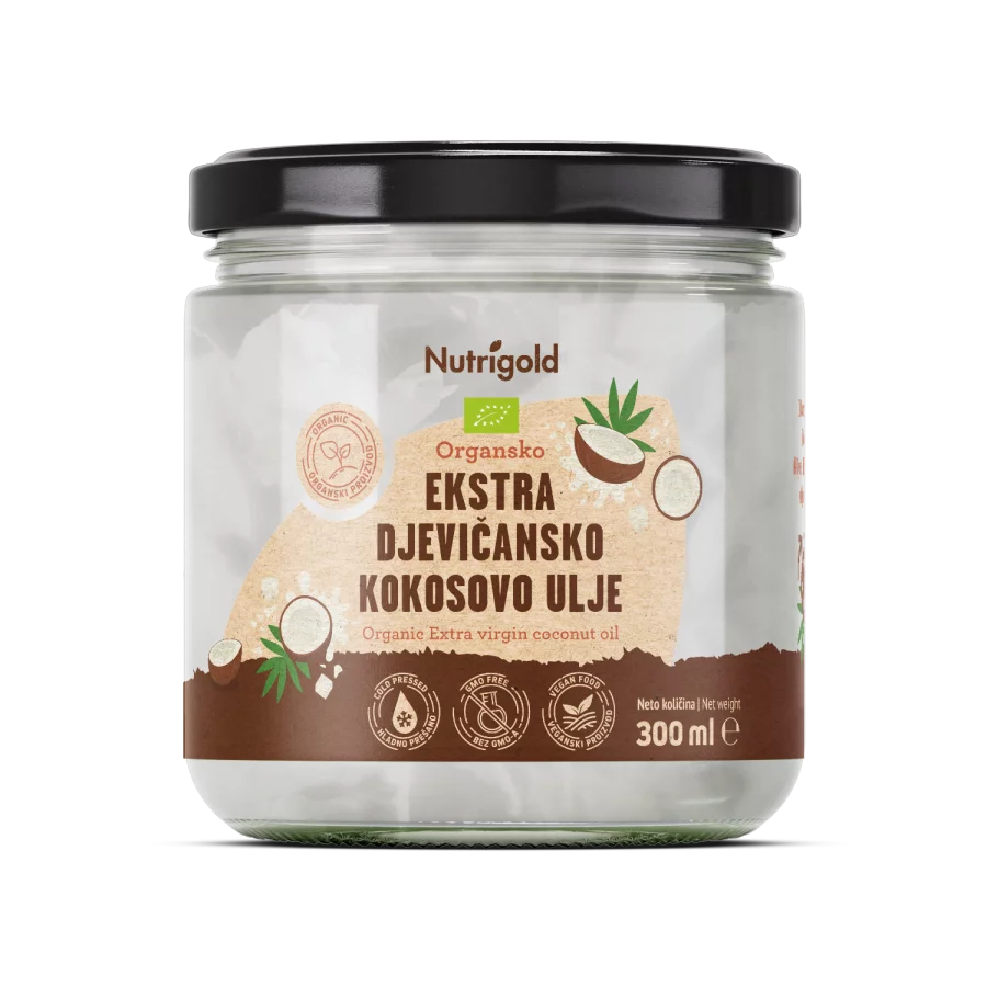 Nutrigold ekološko ekstra deviško kokosovo olje v 300 ml kozaracu.