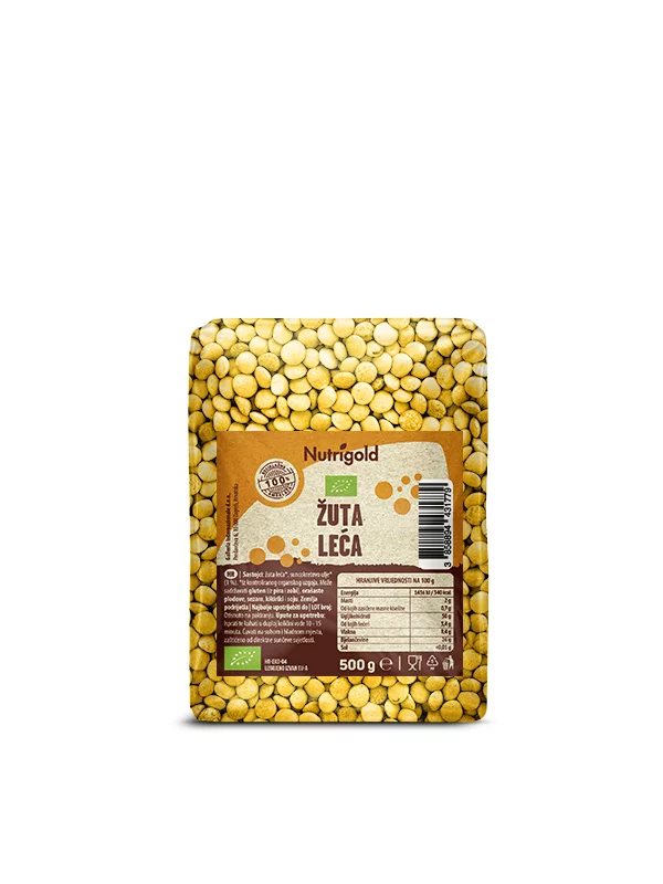 Nutrigold ekološka rumena leča v prozorni embalaži 500g