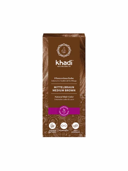 Khadi rastlinska barva za lase Srednje rjava v embalaži 100g