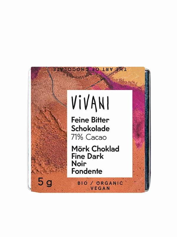Vivani mini temna čokolada ekološka z 71% kaksava v embalaži 5g