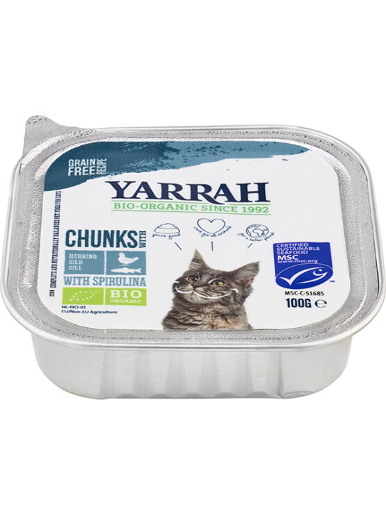 Yarrah popolna hrana za mačke s koščki rib ekološki spiruline v embalaži 100g