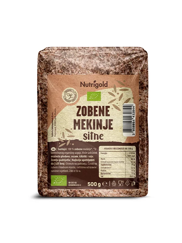 Nutrigold organske zobene mekinje u prozirnom pakiranju od 500g