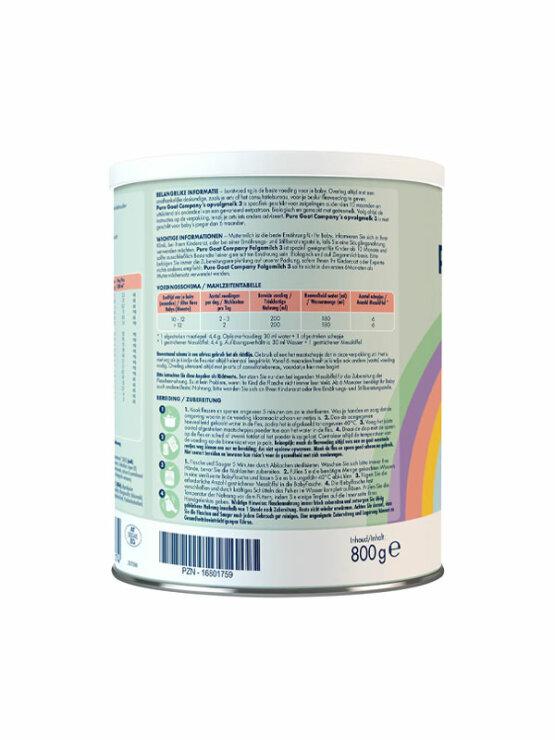 Pure Goat Prehodna formula za dojenčke na osnovi kozjega mleka 3 (od 10. meseca) v pisani embalaži Ekološka 800 gr