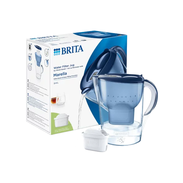 Brita vrč za filtriranje vode Marella, modre barve, prostornina 2,4 litra.