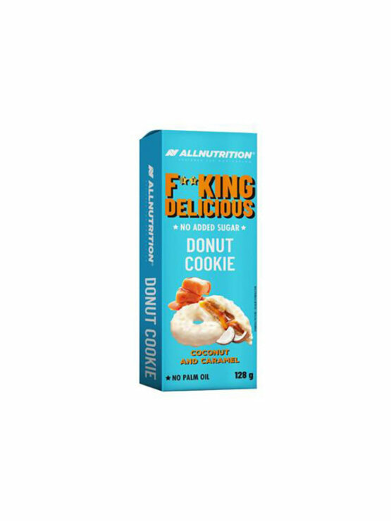 All Nutrition Donut piškoti s kokosom in karamelo brez dodanega sladkorja, s sladilom v svetlo modri škatli 128g