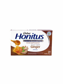 Honitus zeliščne pastile za grlo Med in Ingver v šlatlici 24 kos Dabur