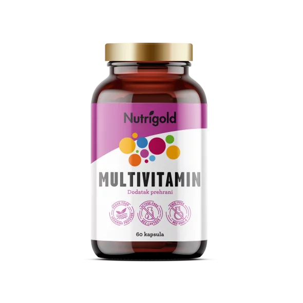Nutrigold multivitamin 527 mg, 60 veganskih kapsul v steklenički z navojnim zamaškom.