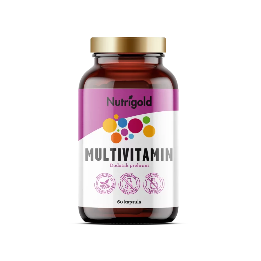 Nutrigold multivitamin 527 mg, 60 veganskih kapsul v steklenički z navojnim zamaškom.
