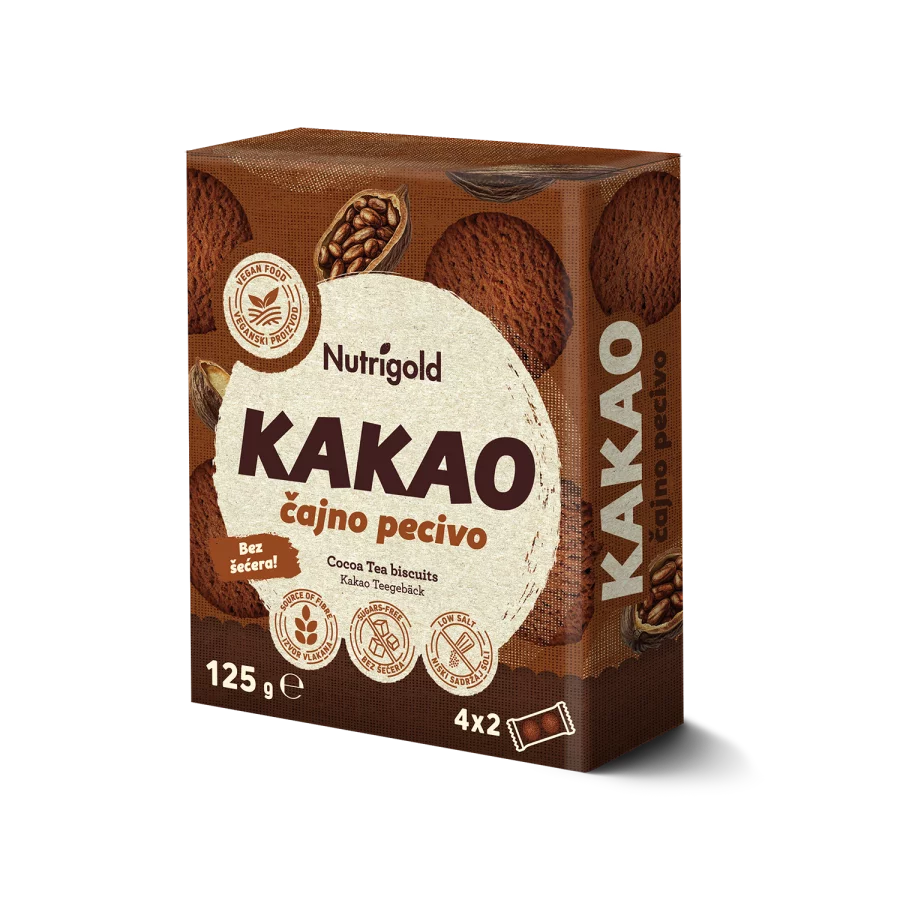 Nutrigold keksi bez šećera s kakaom u praktičnoj ambalaži od 125g