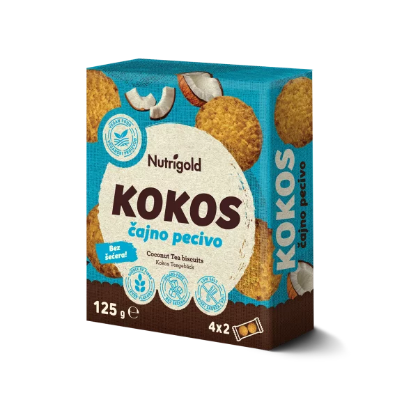 Nutrigold Piškoti brez sladkorja z okusom kokosa v 125 g pakiranju.