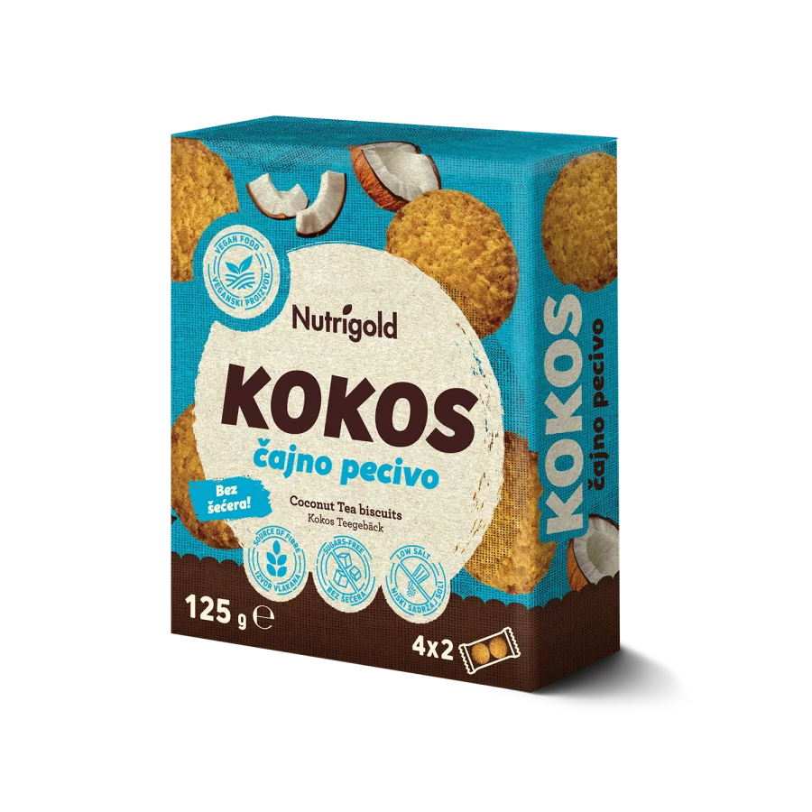 Nutrigold Piškoti brez sladkorja z okusom kokosa v 125 g pakiranju.