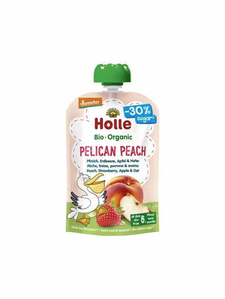 Pire iz breskve, jagode, jabolka in ovsa “Pelican Peach” (od 6. meseca) Ekološki 100 g Holle