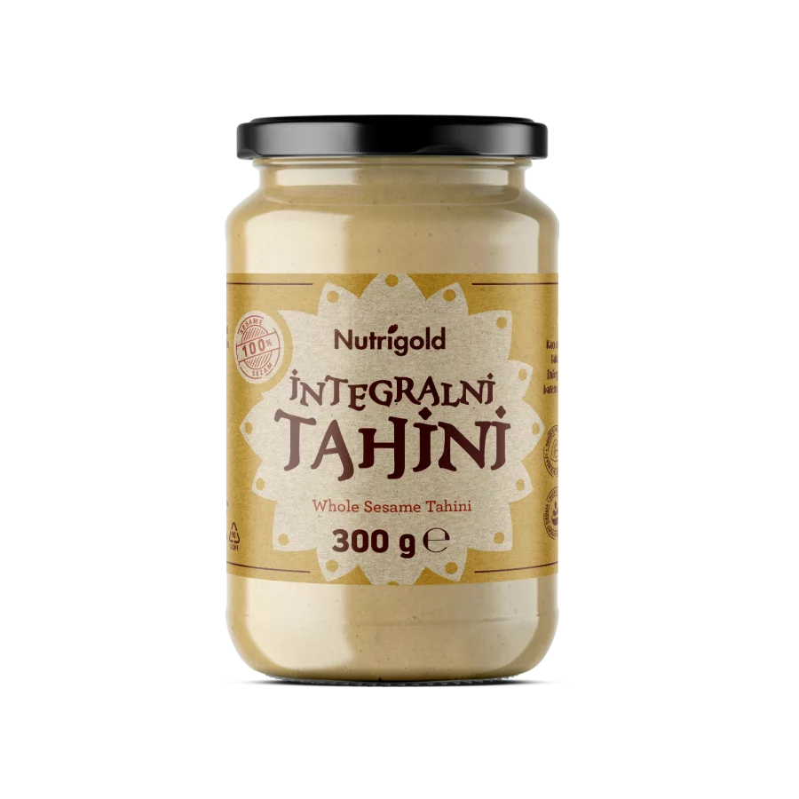 Nutrigold polnozrnati tahini v 300 g steklenem kozarcu.