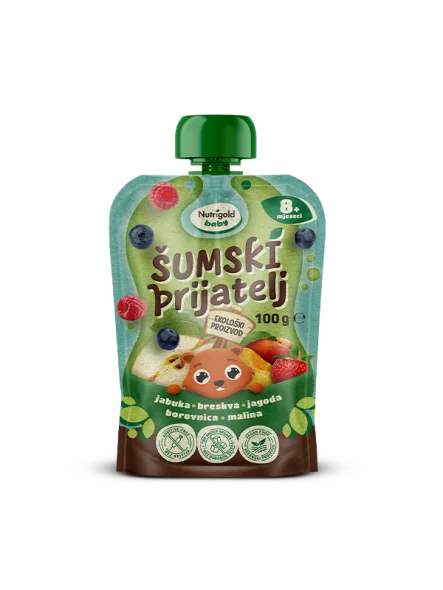 Nutrigold Baby ekološka Sadna kaša Gozdni prijatelj v 100 g pakiranju.
