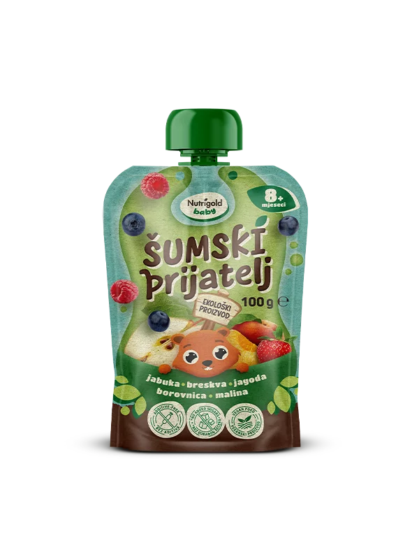 Nutrigold Baby ekološka Sadna kaša Gozdni prijatelj v 100 g pakiranju.