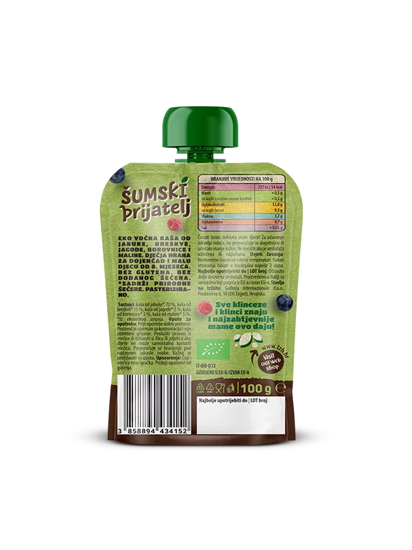 Nutrigold Baby ekološka Sadna kaša Gozdni prijatelj v 100 g pakiranju.