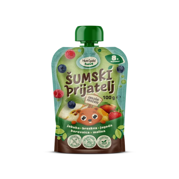 Nutrigold Baby ekološka Sadna kaša Gozdni prijatelj v 100 g pakiranju.