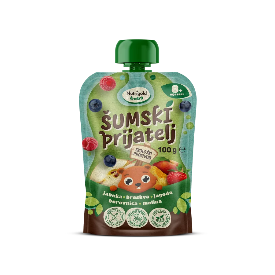 Nutrigold Baby ekološka Sadna kaša Gozdni prijatelj v 100 g pakiranju.