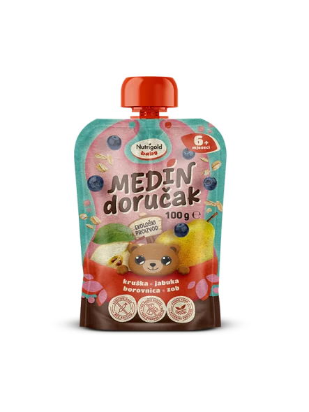 Nutrigold Baby ekološka Sadna kaša Medvedkov zajtrk v 100 g pakiranju.