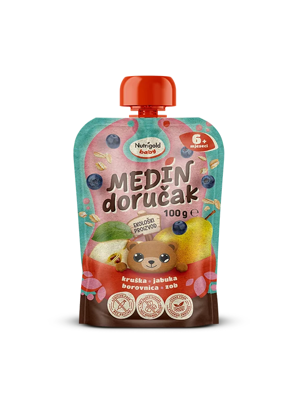 Nutrigold Baby ekološka Sadna kaša Medvedkov zajtrk v 100 g pakiranju.