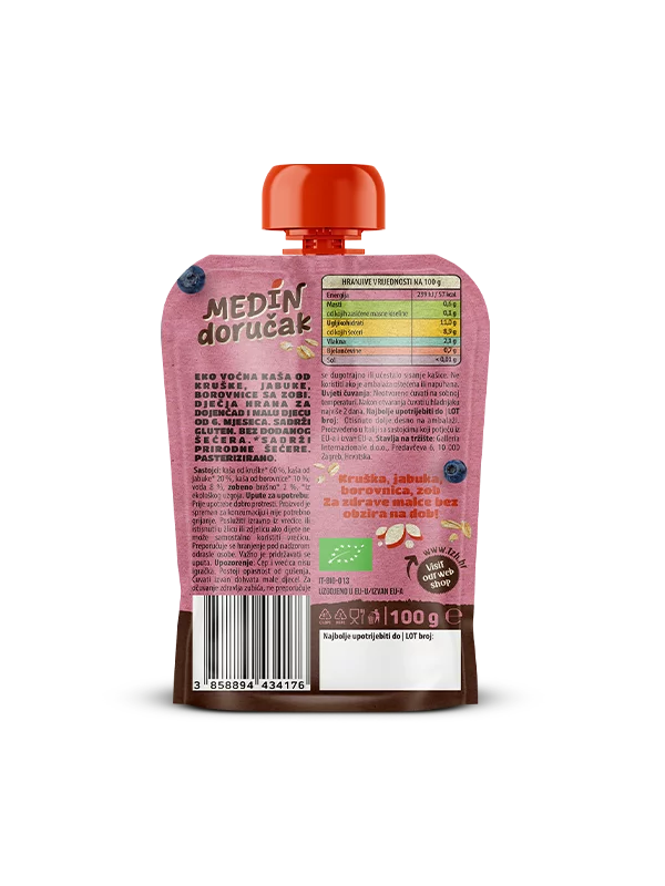 Nutrigold Baby ekološka Sadna kaša Medvedkov zajtrk v 100 g pakiranju.
