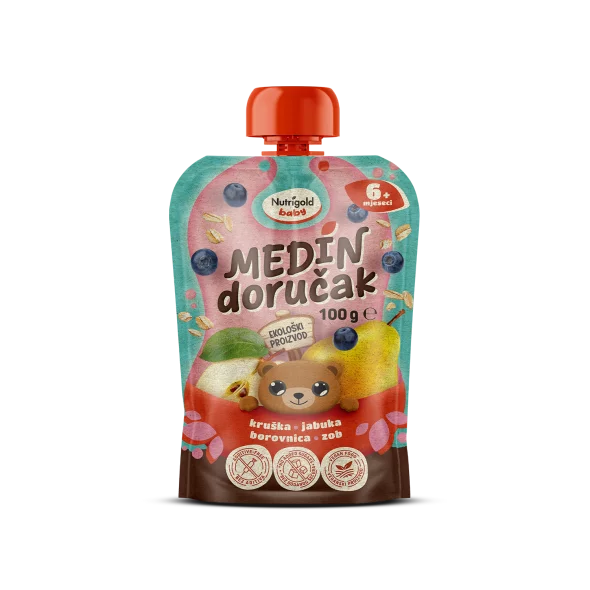 Nutrigold Baby ekološka Sadna kaša Medvedkov zajtrk v 100 g pakiranju.
