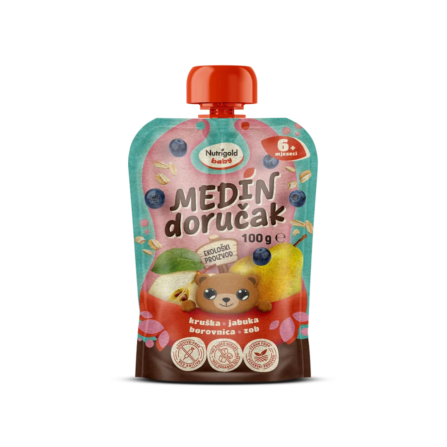 Nutrigold Baby ekološka Sadna kaša Medvedkov zajtrk v 100 g pakiranju.