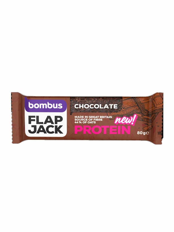 Bombus Flapjack Beljakovinska ploščica z okusom čokolade v 80 g pakiranju.