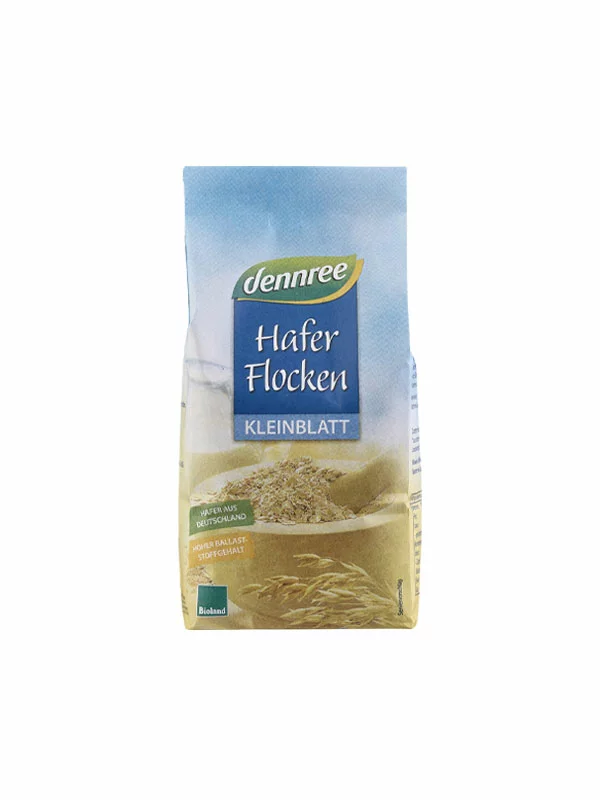 dennree Ekološki Drobni ovseni kosmiči Brez glutena v 500 g pakiranju.
