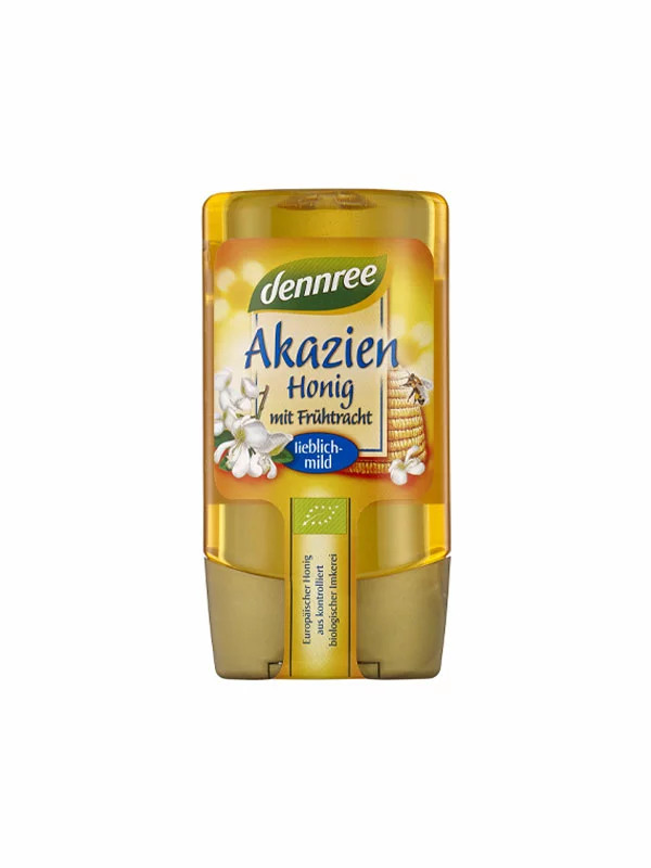 Dennree ekološki blag akacijev med v 250 g embalaži na potisk.