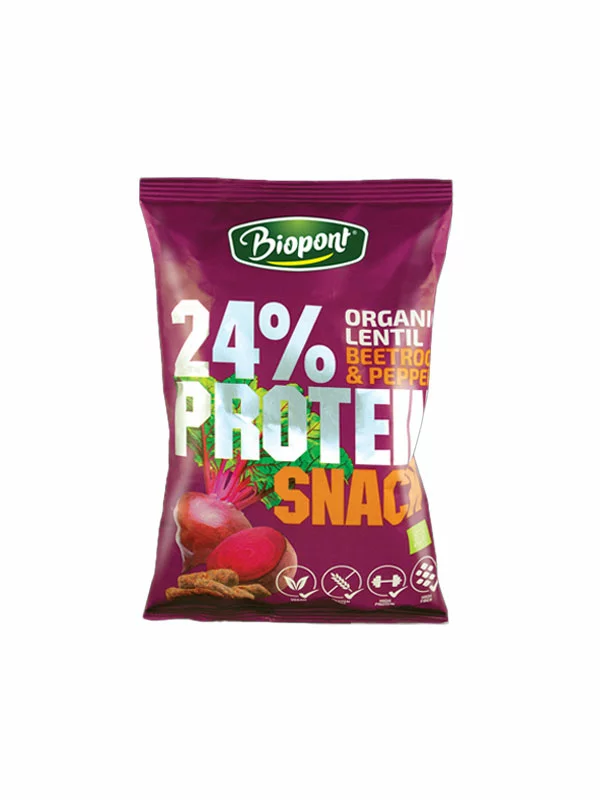 Biopont ekološki beljakovinski lečin flips z okusom rdeče pese in popra brez glutena v 50 g pakiranju.