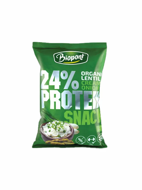 Biopont ekološki beljakovinski lečin flips z okusom čebule in jogruta brez glutena v 50 g pakiranju.
