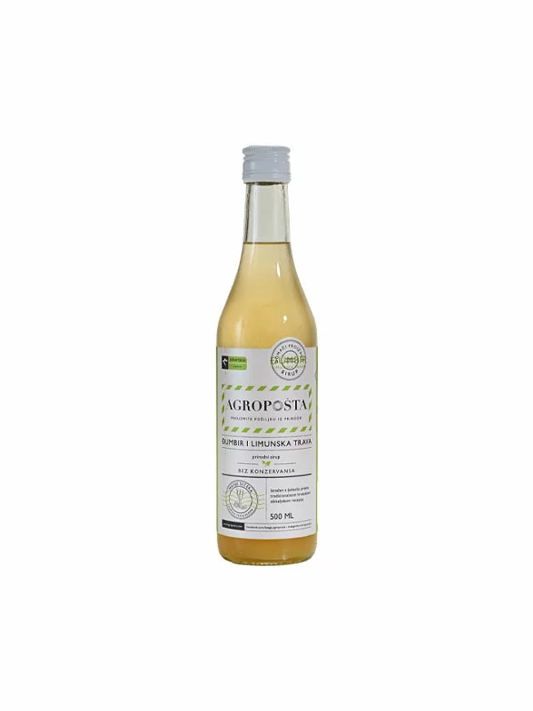 Agropošta Sirup iz ingverja in limonske trave v 500 ml steklenici.