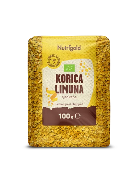 Nutrigold ekološka sesekljana limonina lupinica v 100 gramskem pakiranju.