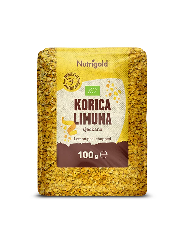 Nutrigold ekološka sesekljana limonina lupinica v 100 gramskem pakiranju.